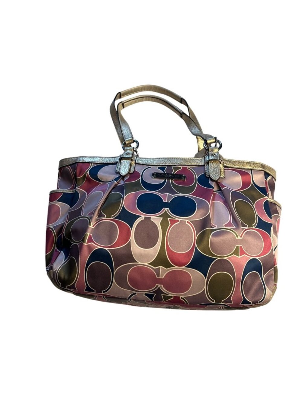 Coach Signature Scarf Op Art Sateen Tote handbag Gold Leather Trim F19464